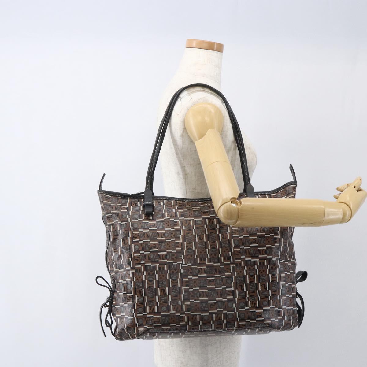 Salvatore Ferragamo Tote Bag PVC Leather Brown Silver Auth BA9529