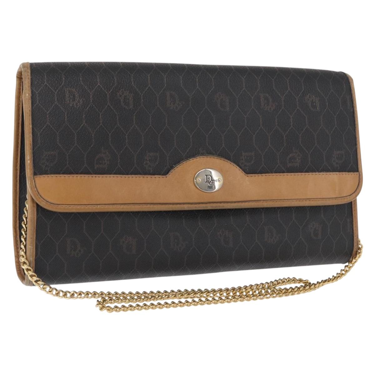 Christian Dior Honeycomb Canvas Chain Shoulder Bag PVC Black Gold Auth BA9551