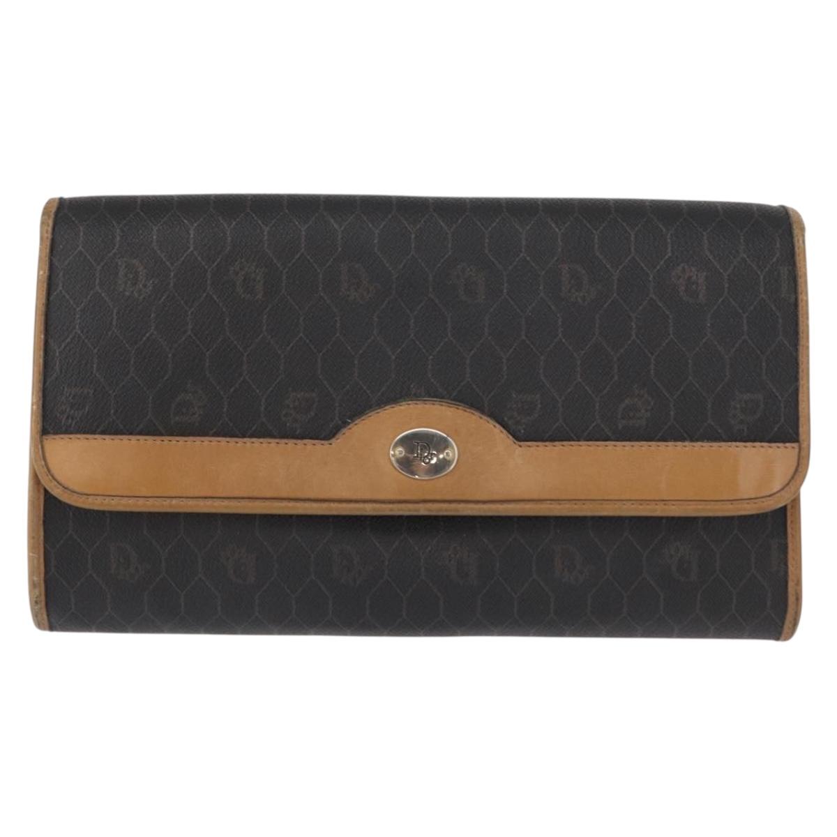 Christian Dior Honeycomb Canvas Chain Shoulder Bag PVC Black Gold Auth BA9551