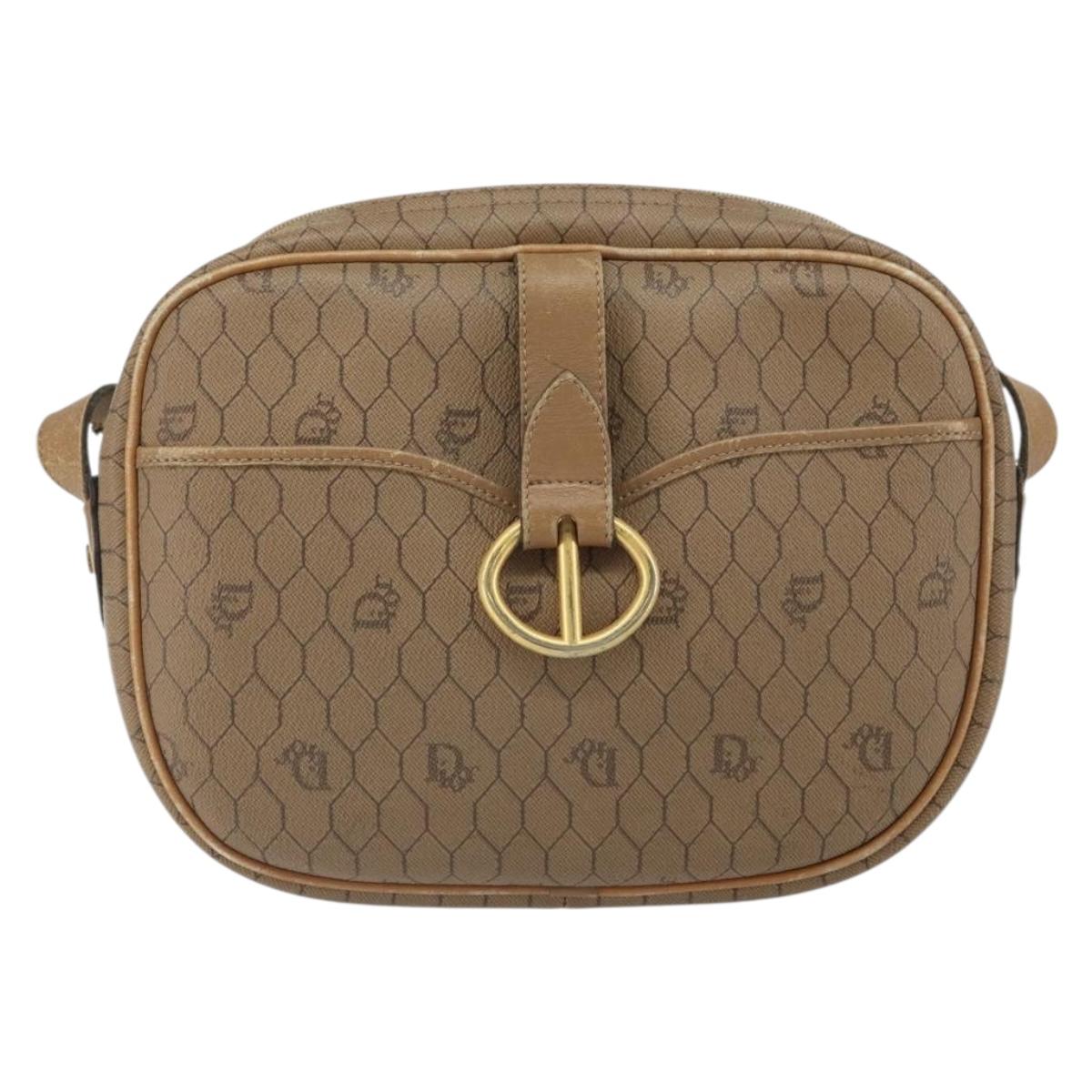 Christian Dior Honeycomb Canvas Shoulder Bag PVC Beige Gold Auth BA9558