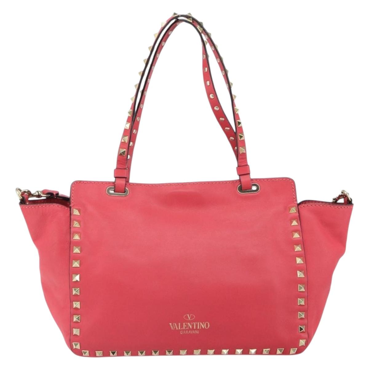 VALENTINO Rock Studs Hand Bag Leather 2way Pink Gold Auth BA9561