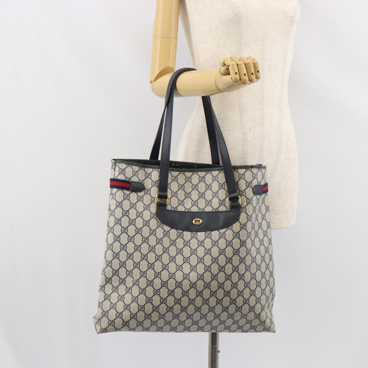 GUCCI GG Supreme Sherry Line Tote Bag PVC Navy Gold 39 02 091 Auth BA9564