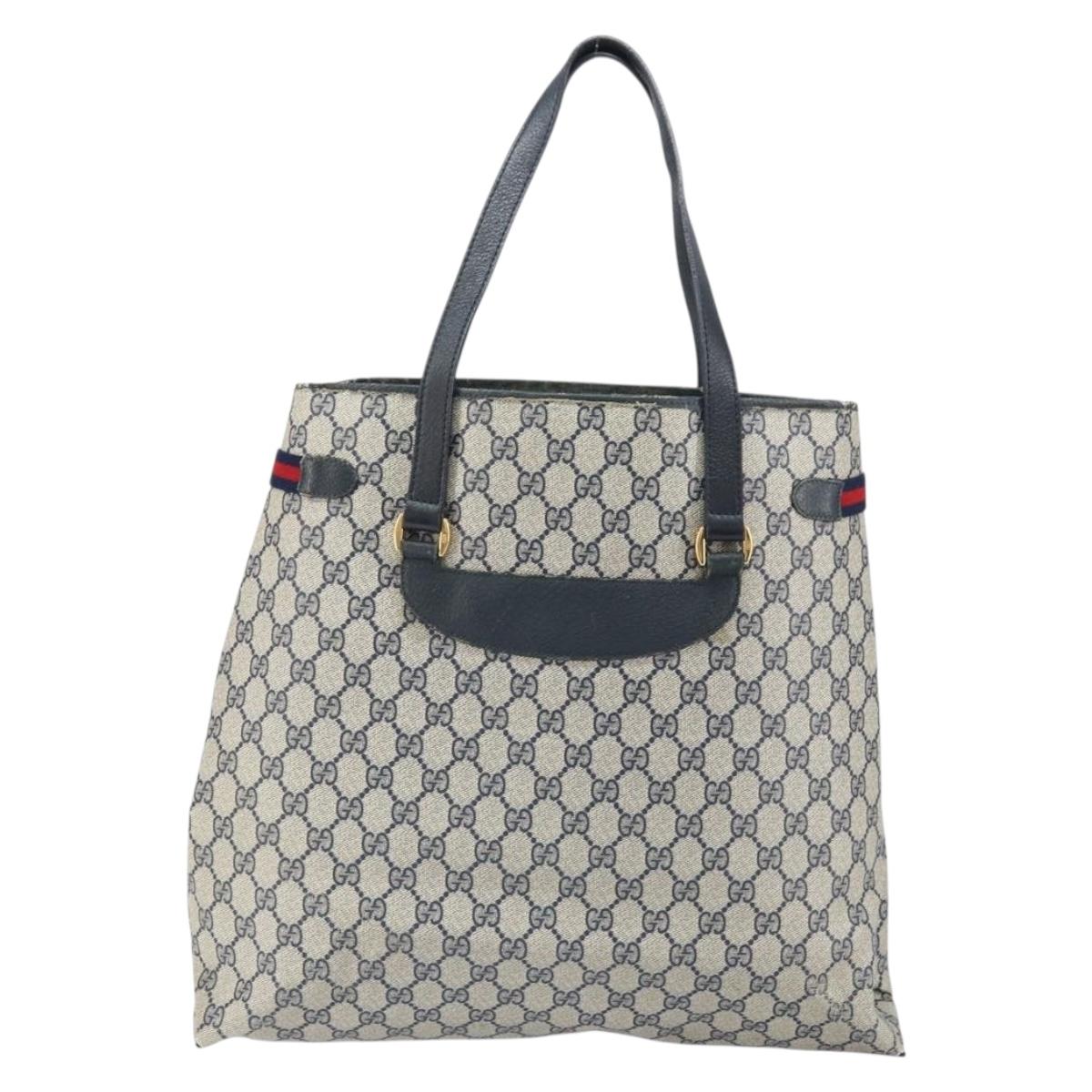 GUCCI GG Supreme Sherry Line Tote Bag PVC Navy Gold 39 02 091 Auth BA9564