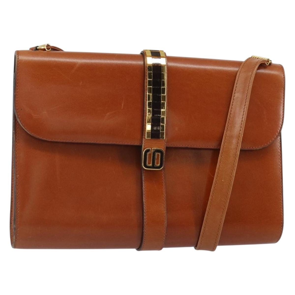 Christian Dior Shoulder Bag Leather Gold Brown Auth BA9565