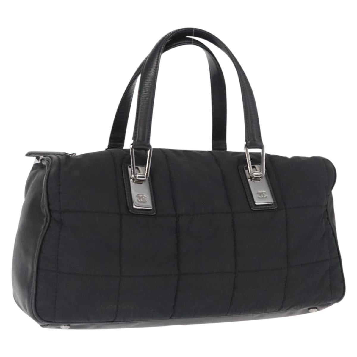 CHANEL Choco Bar Hand Bag Nylon Black Silver CC Auth BA9577