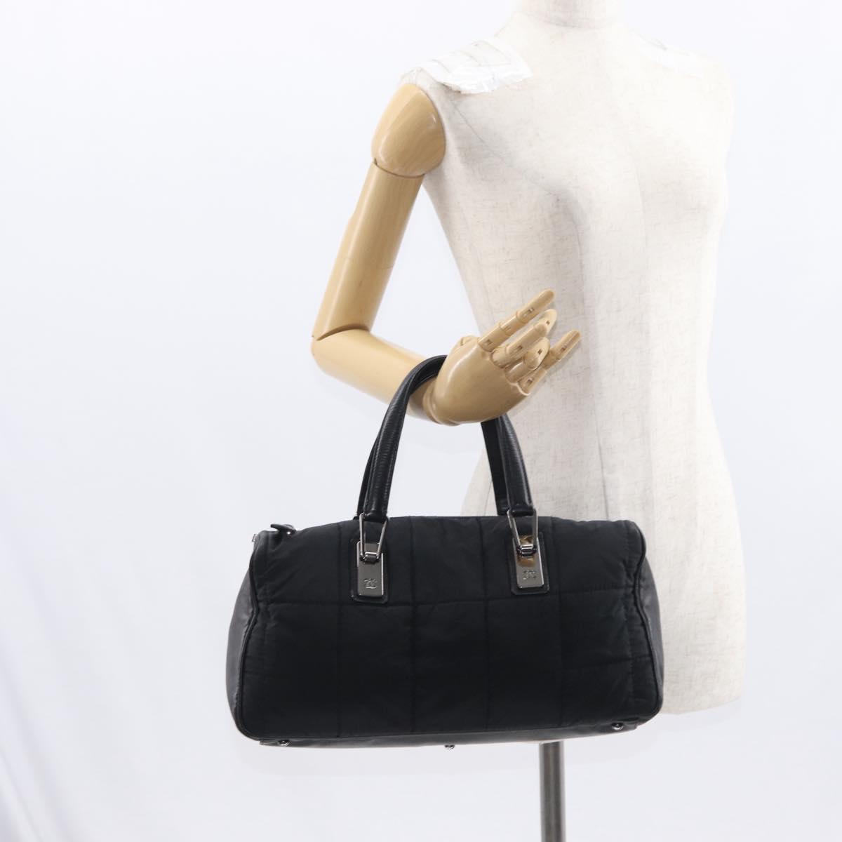 CHANEL Choco Bar Hand Bag Nylon Black Silver CC Auth BA9577