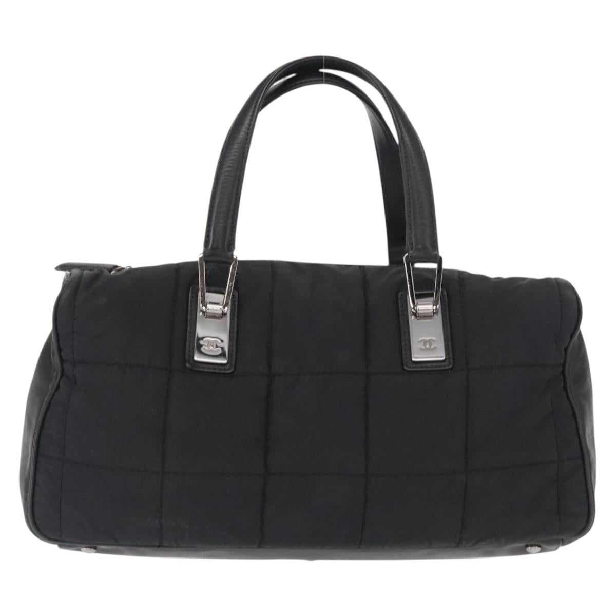 CHANEL Choco Bar Hand Bag Nylon Black Silver CC Auth BA9577