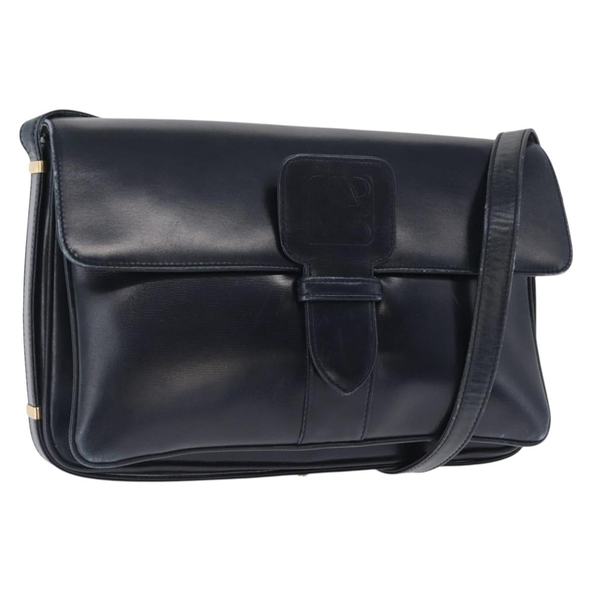 LOEWE Shoulder Bag Leather Navy Gold Auth BA9578