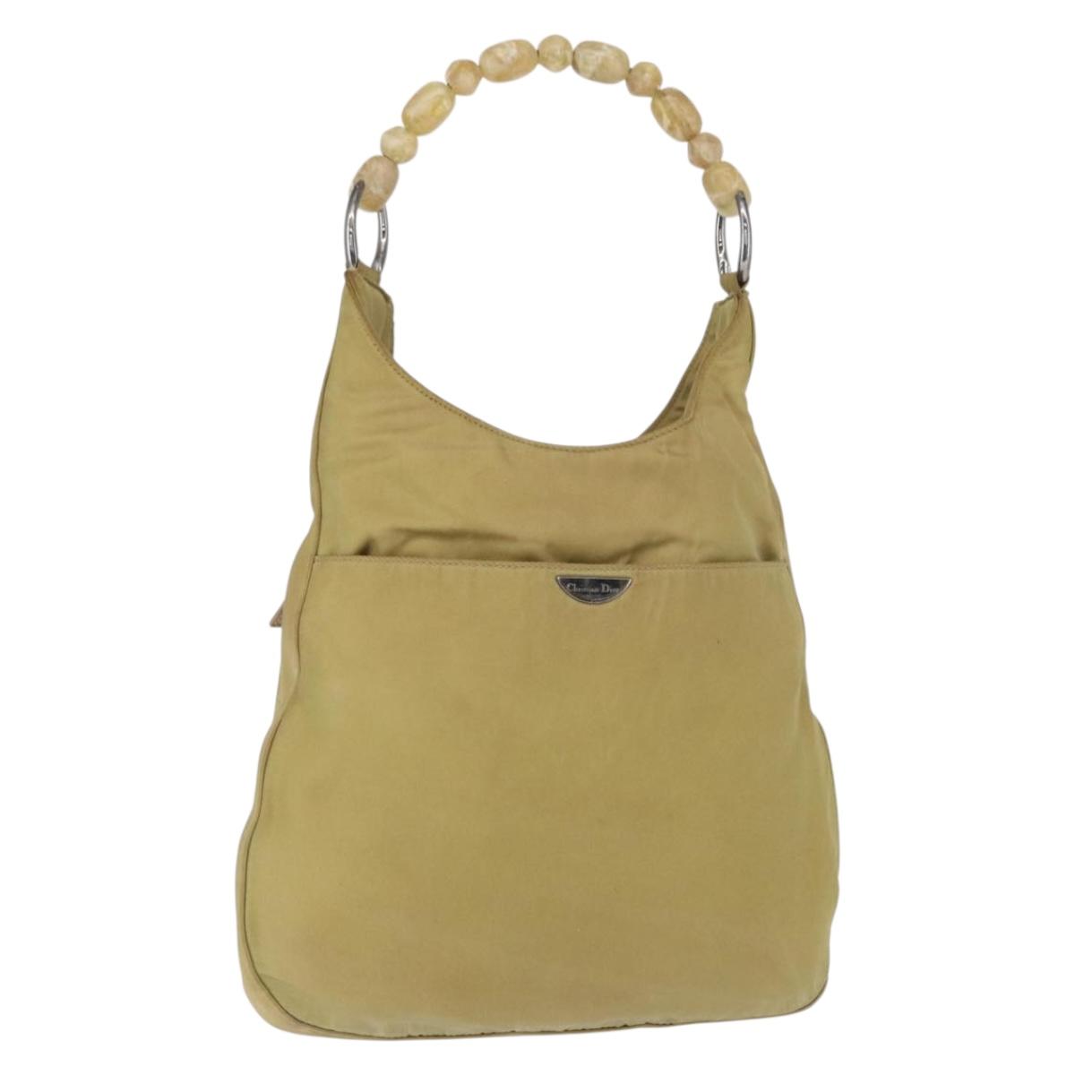 Christian Dior Maris Pearl Shoulder Bag Nylon Beige Silver Auth BA9583