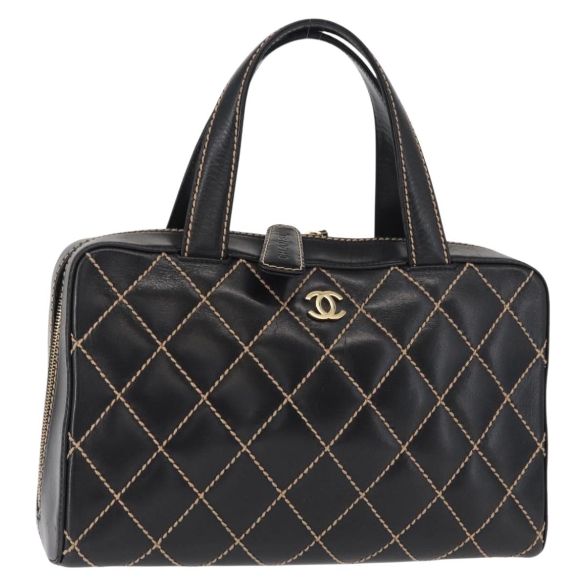 CHANEL Wild Stitch Hand Bag Leather Black Gold CC Auth BA9589