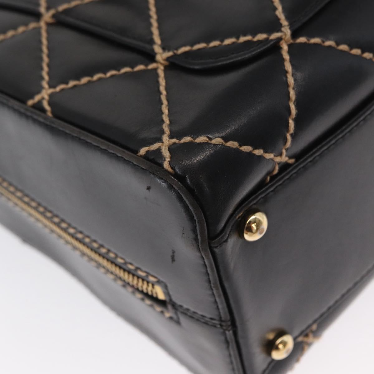 CHANEL Wild Stitch Hand Bag Leather Black Gold CC Auth BA9589