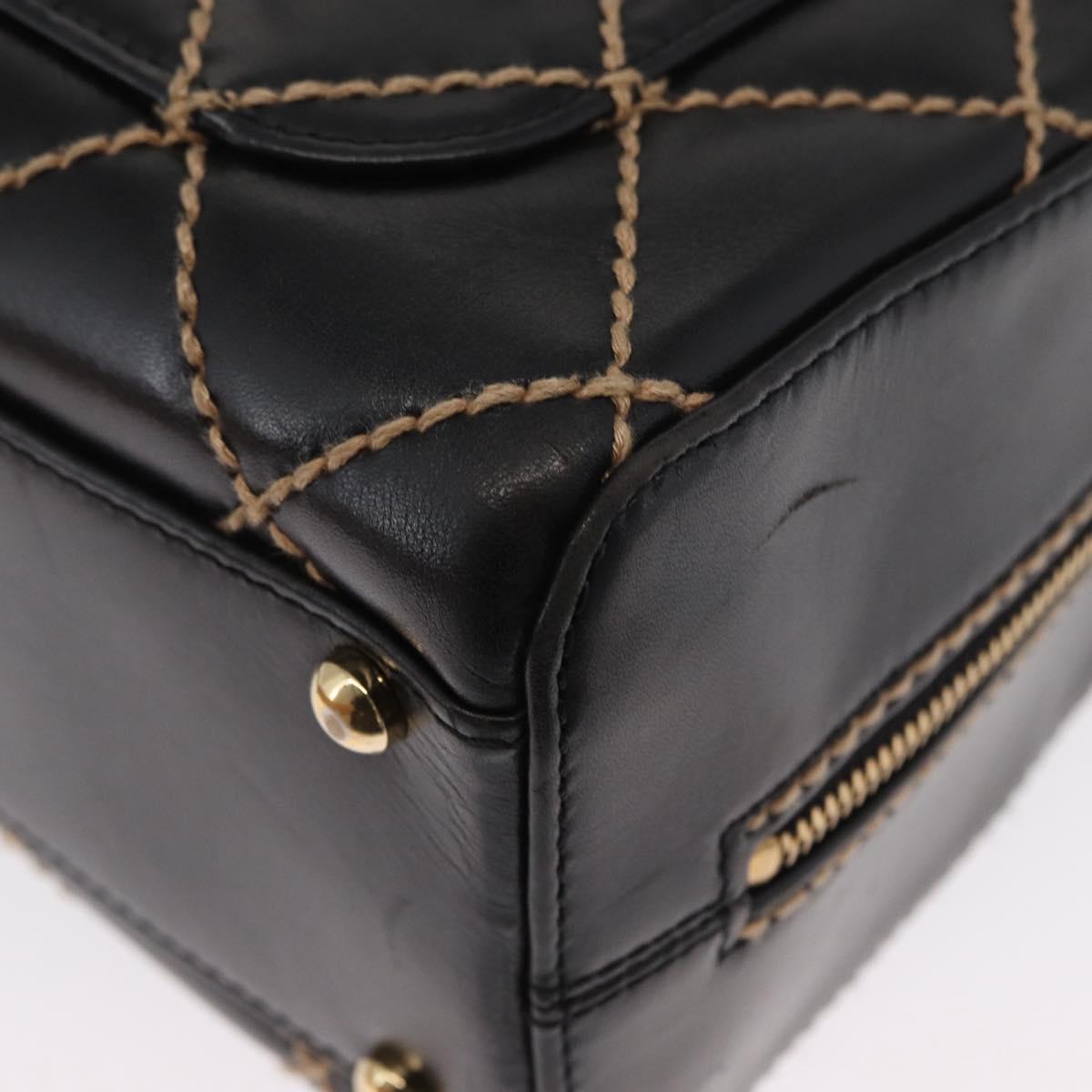 CHANEL Wild Stitch Hand Bag Leather Black Gold CC Auth BA9589