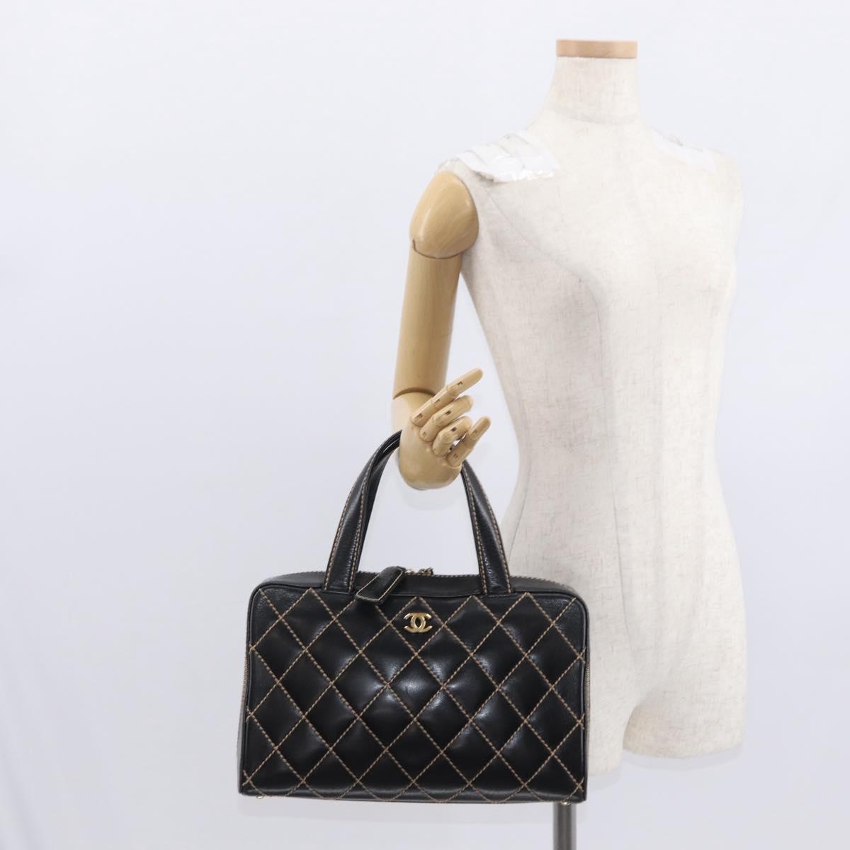 CHANEL Wild Stitch Hand Bag Leather Black Gold CC Auth BA9589