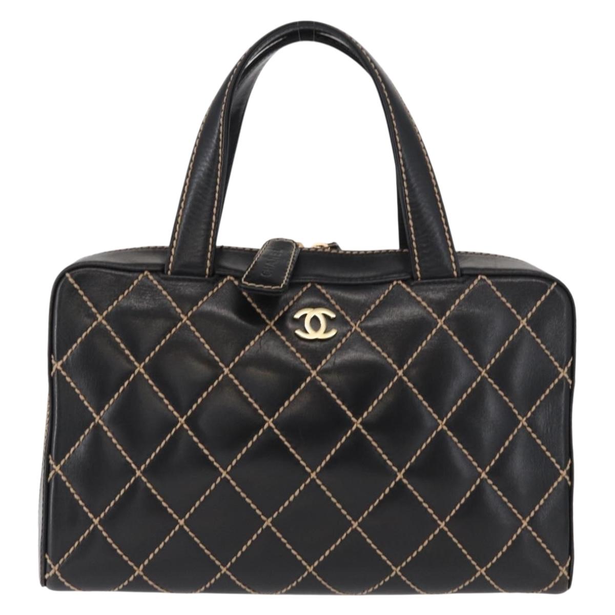 CHANEL Wild Stitch Hand Bag Leather Black Gold CC Auth BA9589