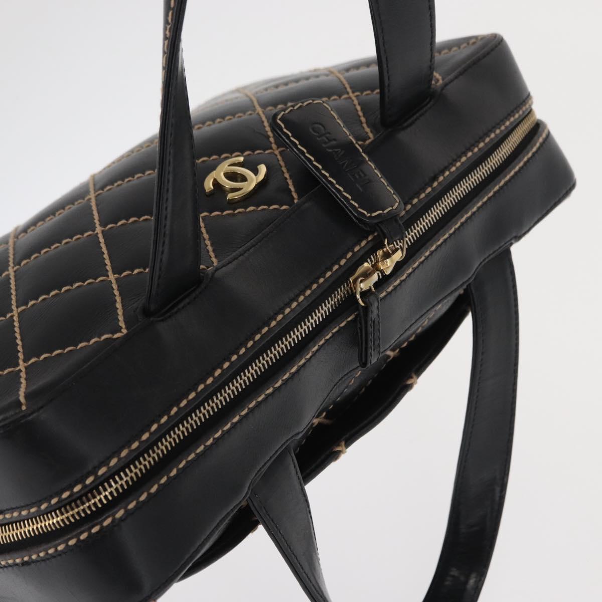 CHANEL Wild Stitch Hand Bag Leather Black Gold CC Auth BA9589