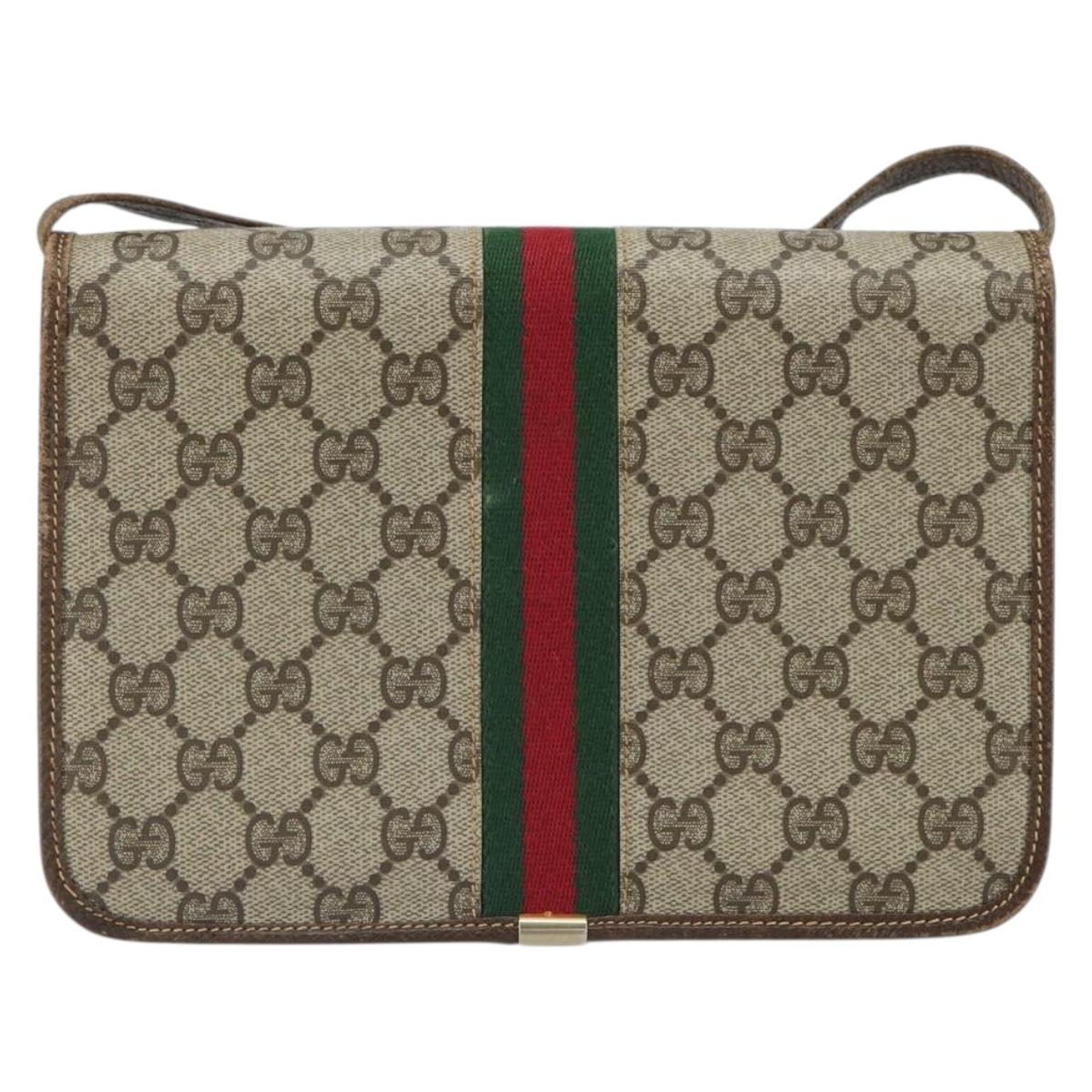 GUCCI GG Supreme Web Sherry Line Shoulder Bag PVC Beige Gold Auth BA9596