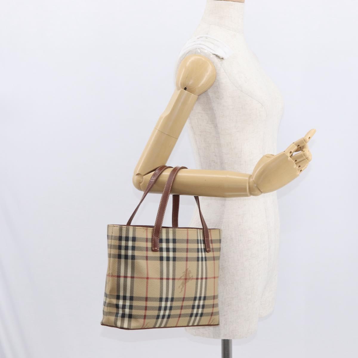 BURBERRY Nova Check Hand Bag PVC Beige Gold Auth BA9597