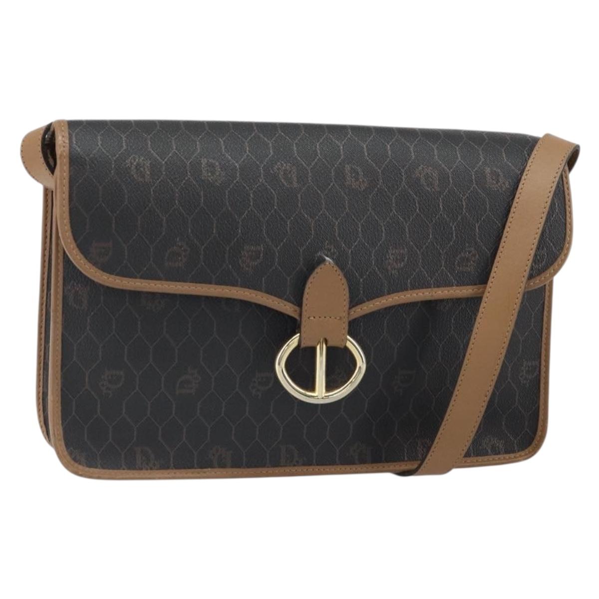 Christian Dior Honeycomb Canvas Shoulder Bag PVC Black Gold Auth BA9598