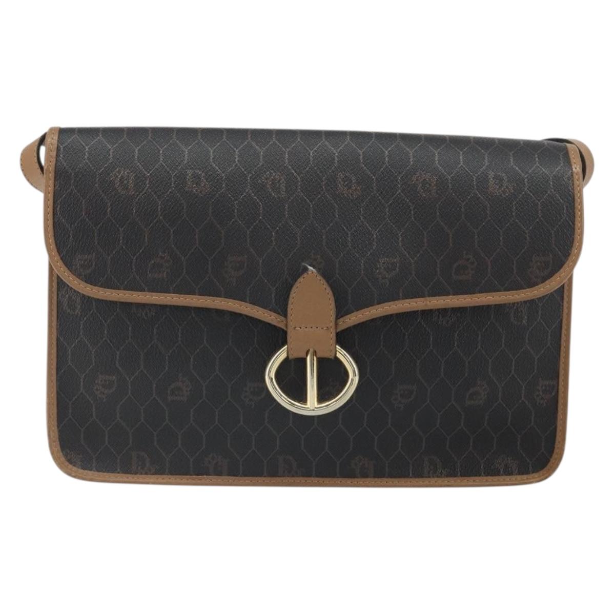 Christian Dior Honeycomb Canvas Shoulder Bag PVC Black Gold Auth BA9598