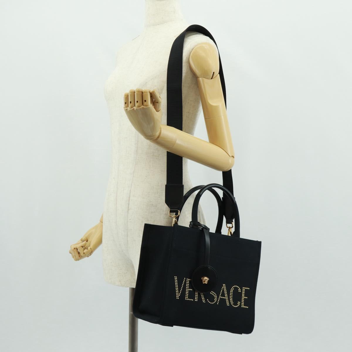 VERSACE Hand Bag Canvas 2way Black Gold Auth BA9642SAM
