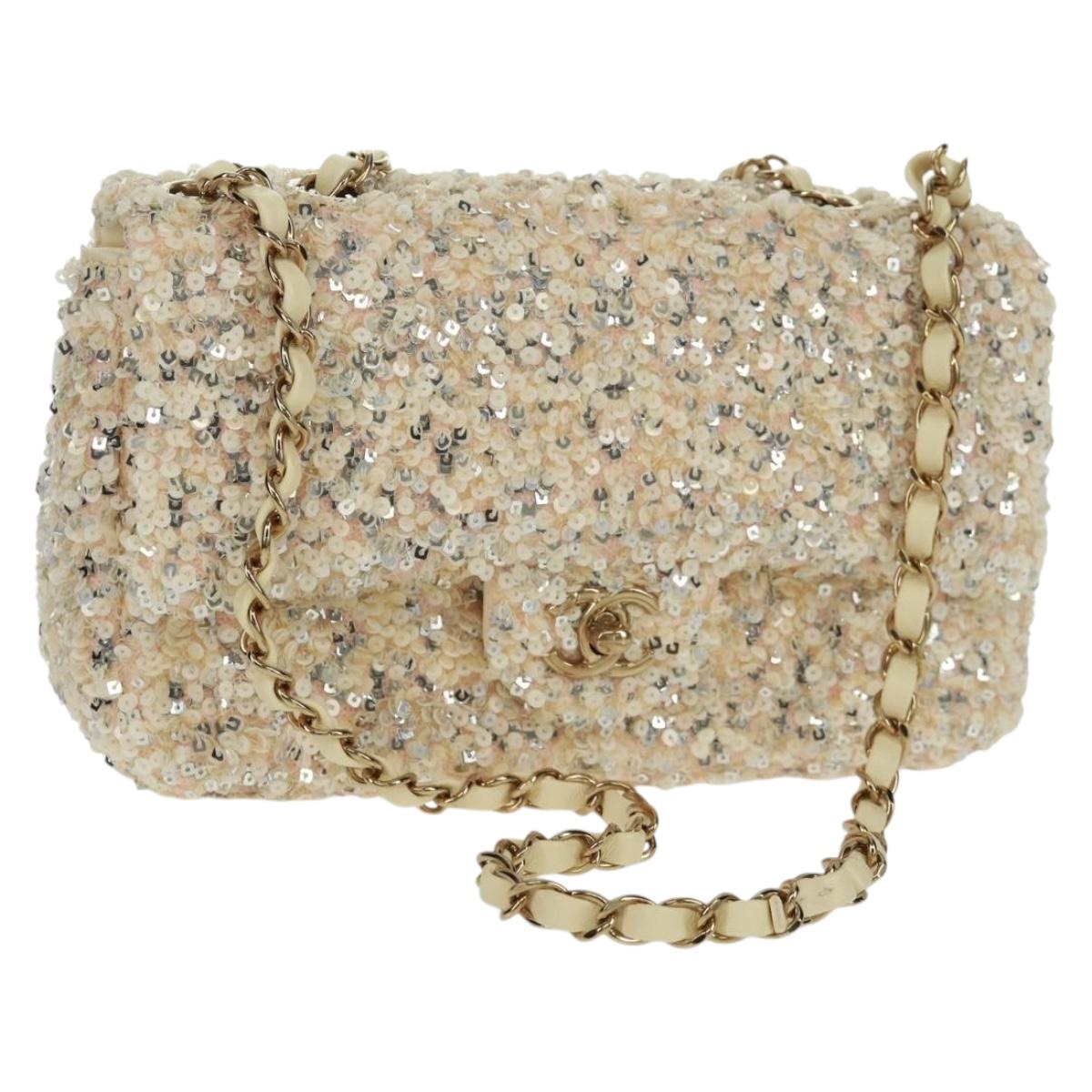 CHANEL Matelasse 23 Single Flap Chain Sequins Evening Bag Beige CC Auth BA9646SM