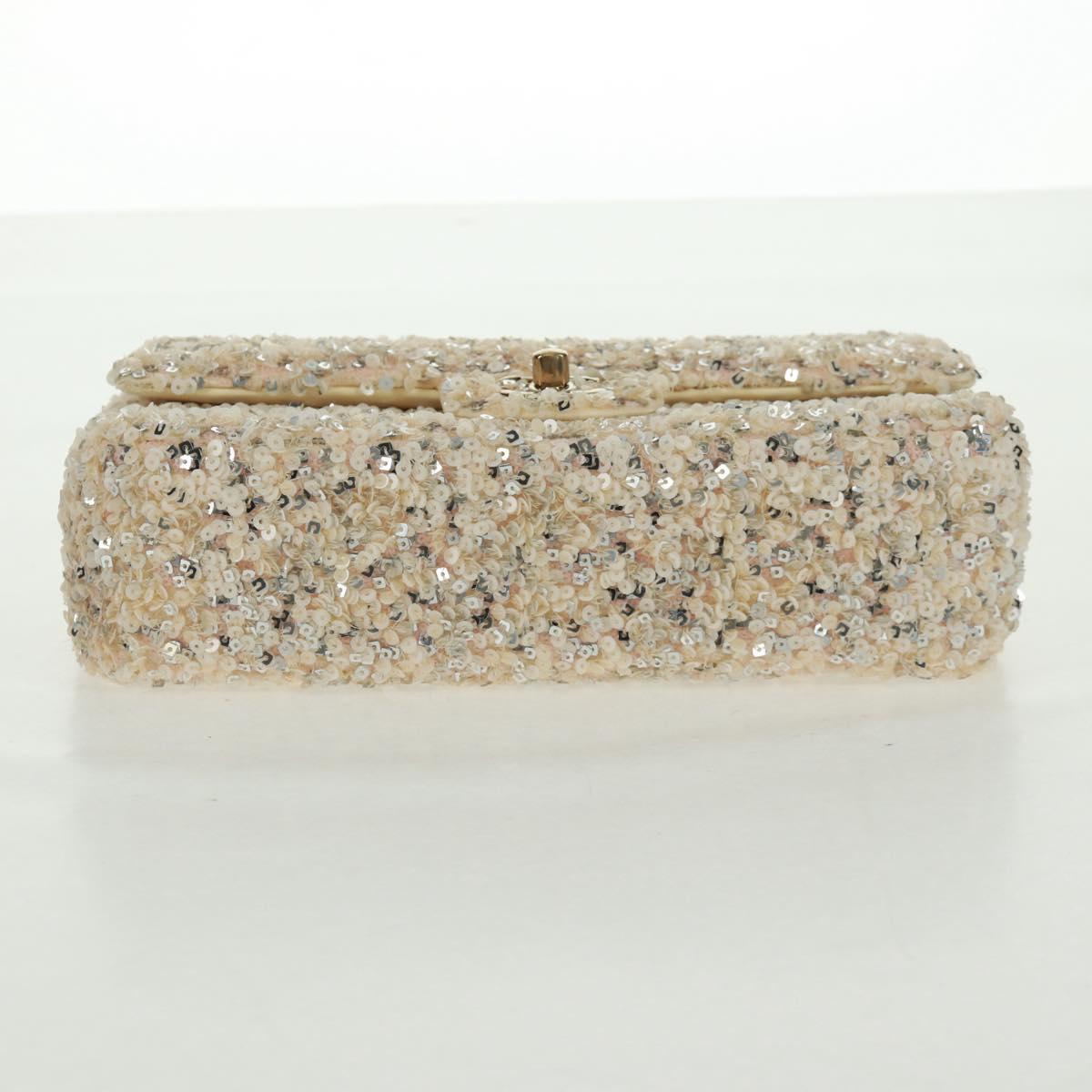 CHANEL Matelasse 23 Single Flap Chain Sequins Evening Bag Beige CC Auth BA9646SM