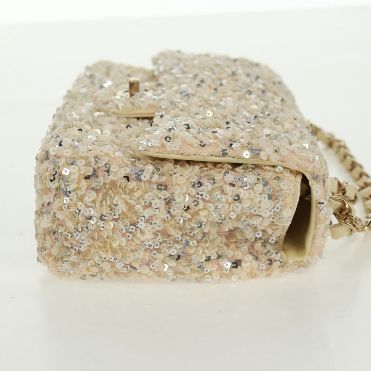 CHANEL Matelasse 23 Single Flap Chain Sequins Evening Bag Beige CC Auth BA9646SM