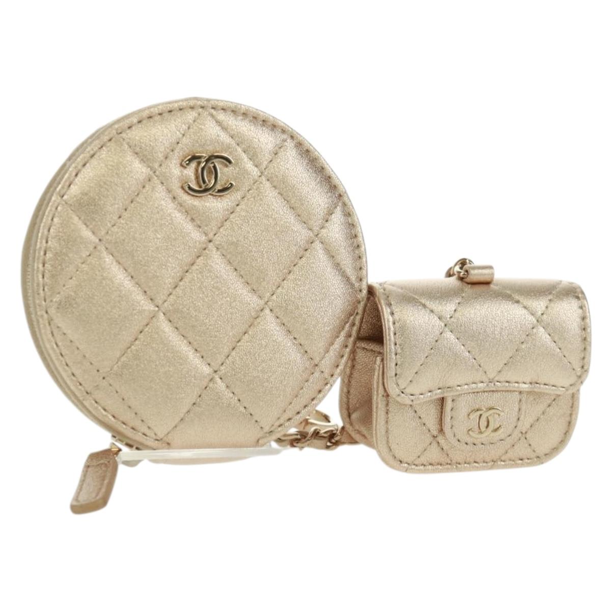 CHANEL Matelasse Air Pods Case 2024 Year Gift Lamb Skin Gold CC Auth BA9648SM