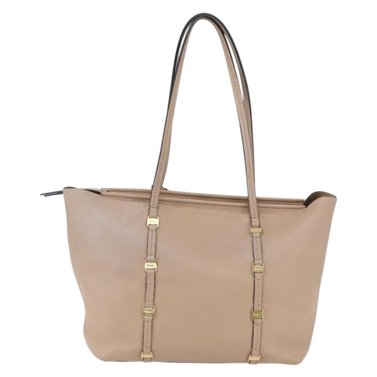 Salvatore Ferragamo Vala Tote Bag Leather Beige Gold Auth BA9686