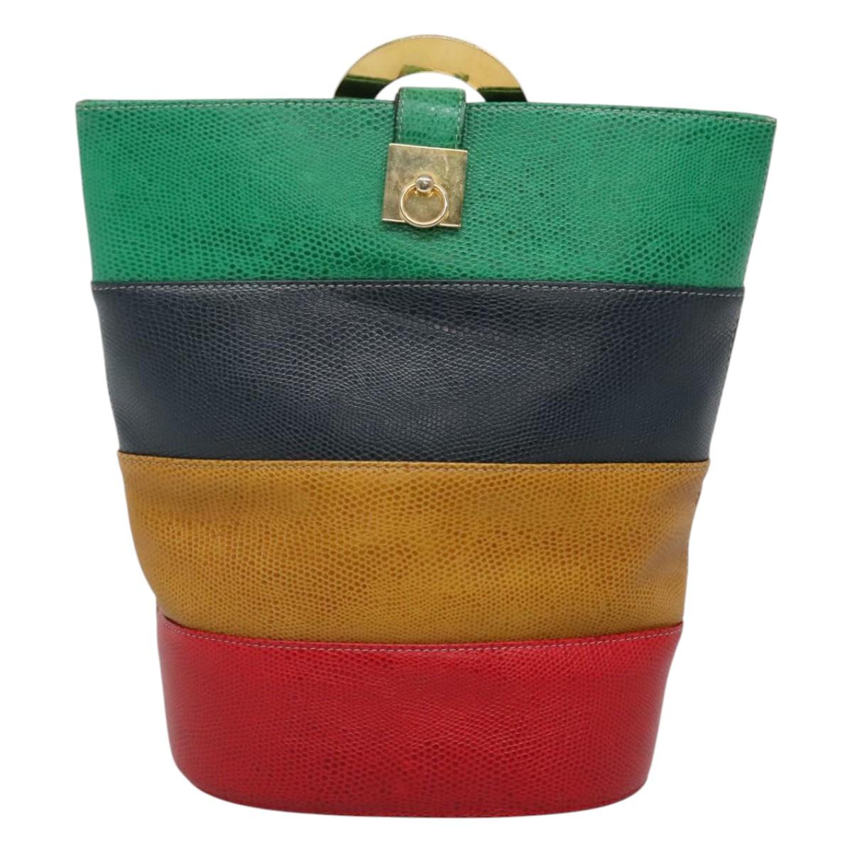 CELINE Shoulder Bag Leather Embossed Green Yellow Red Auth BA973