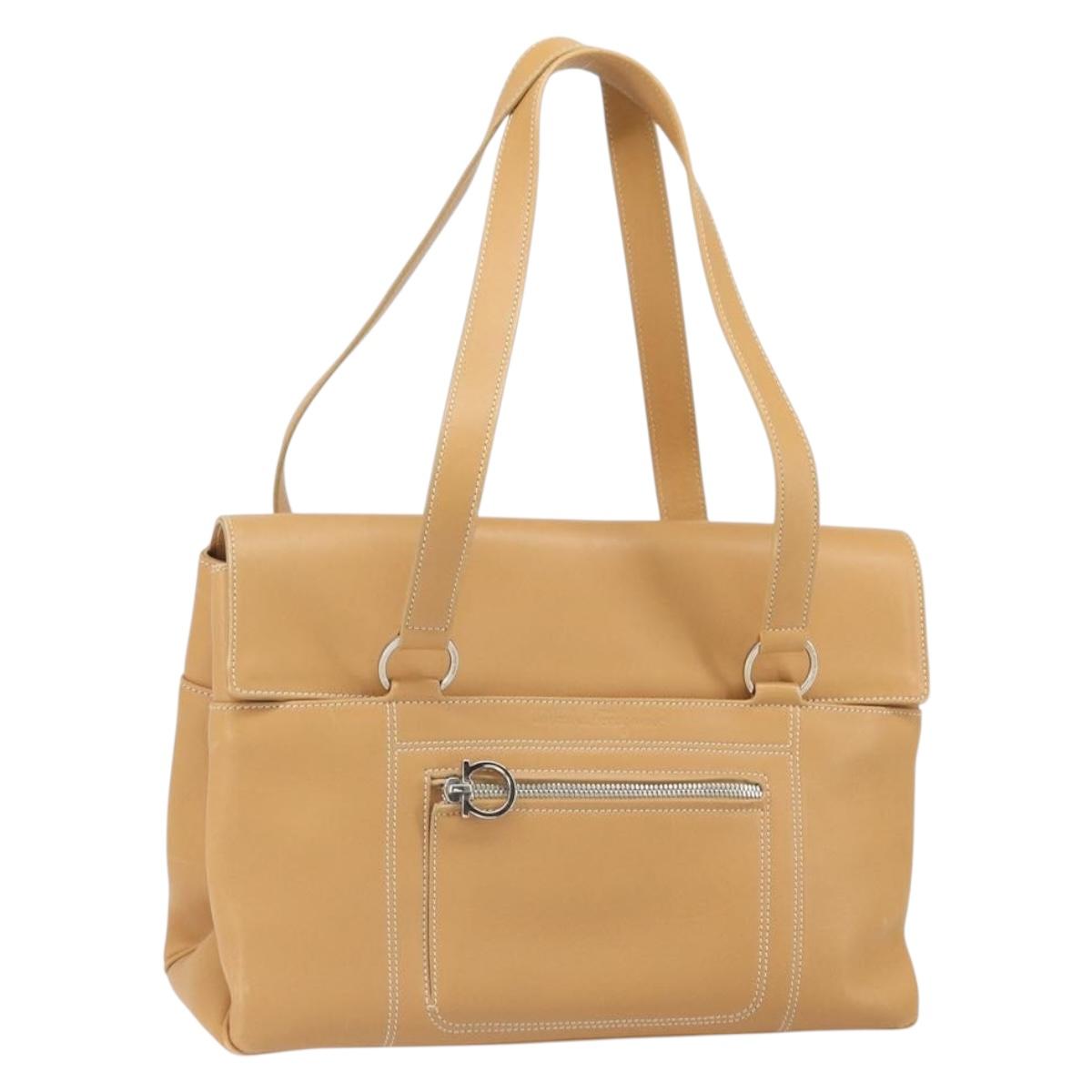 Salvatore Ferragamo Tote Bag Leather Beige Silver Auth BA9736