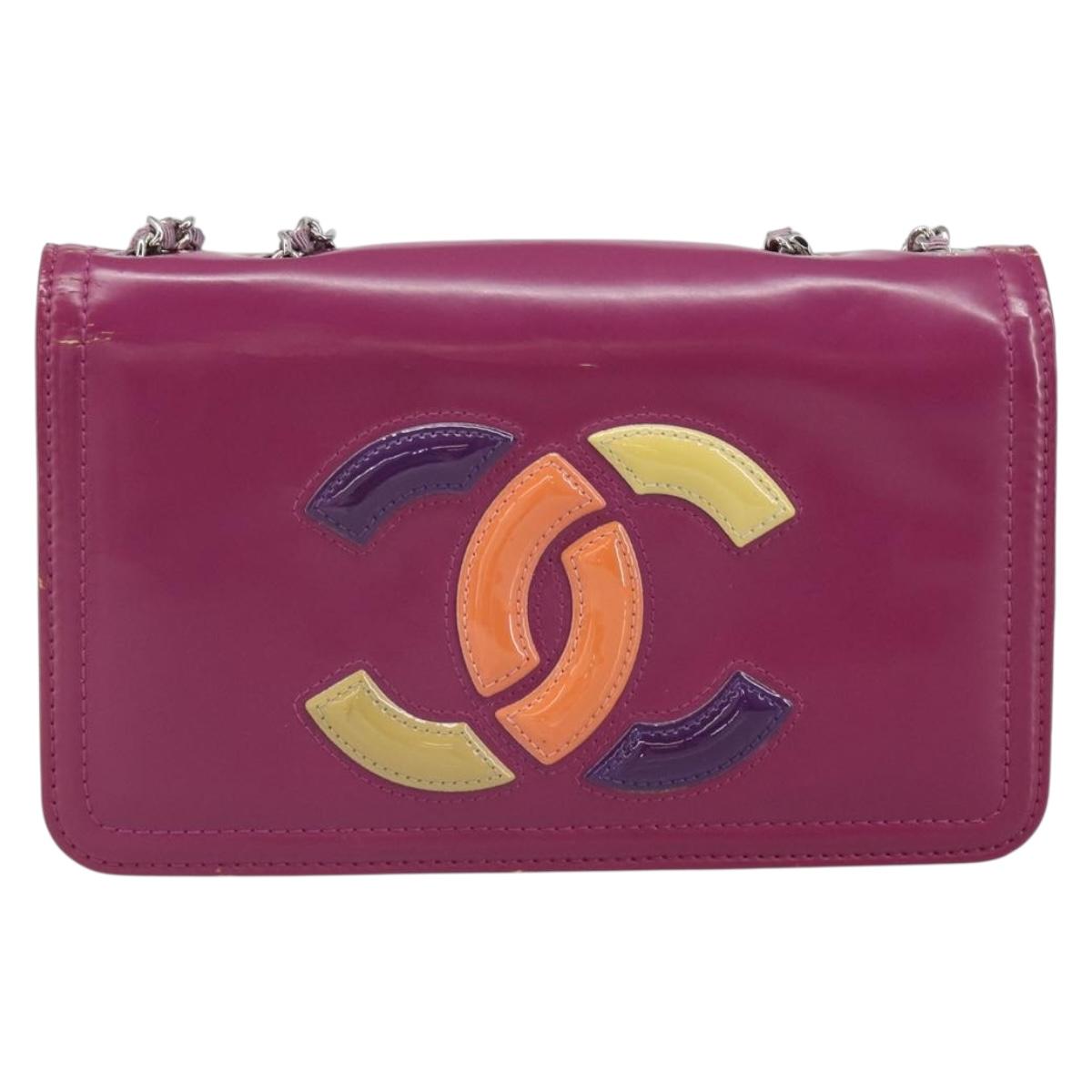 CHANEL Chain Shoulder Bag Patent leather Purple Silver CC Auth BA9741