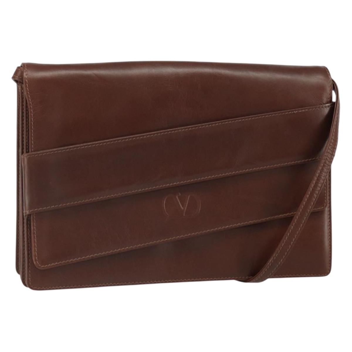 VALENTINO Shoulder Bag Leather Brown Gold Auth BA9760