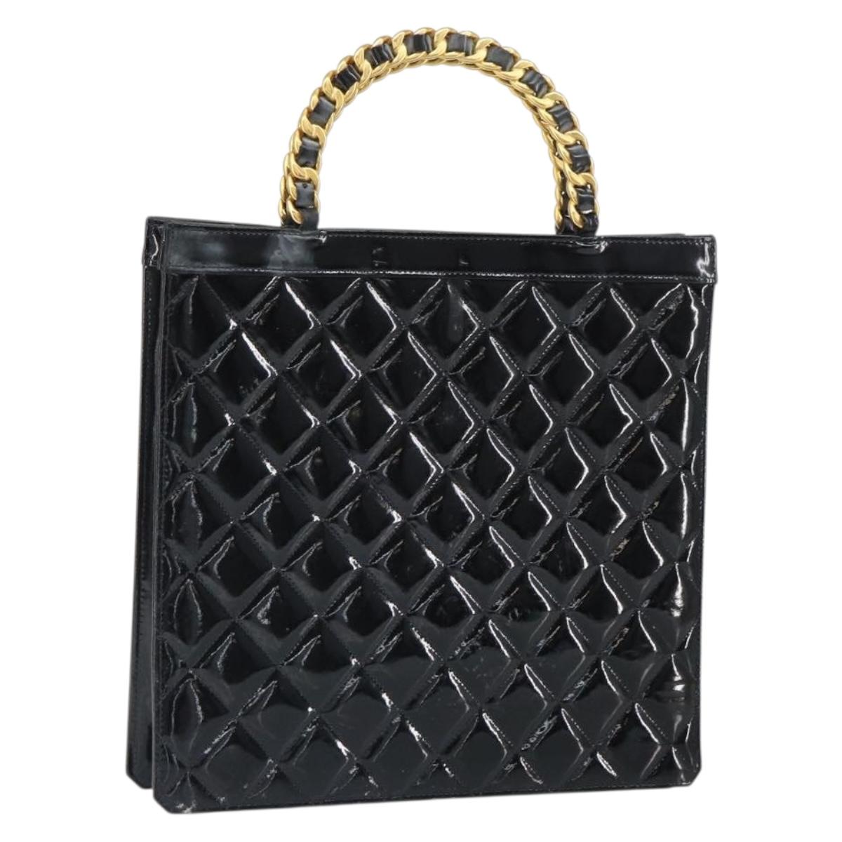 CHANEL Matelasse Hand Bag Patent leather Black Gold CC Auth BA9804