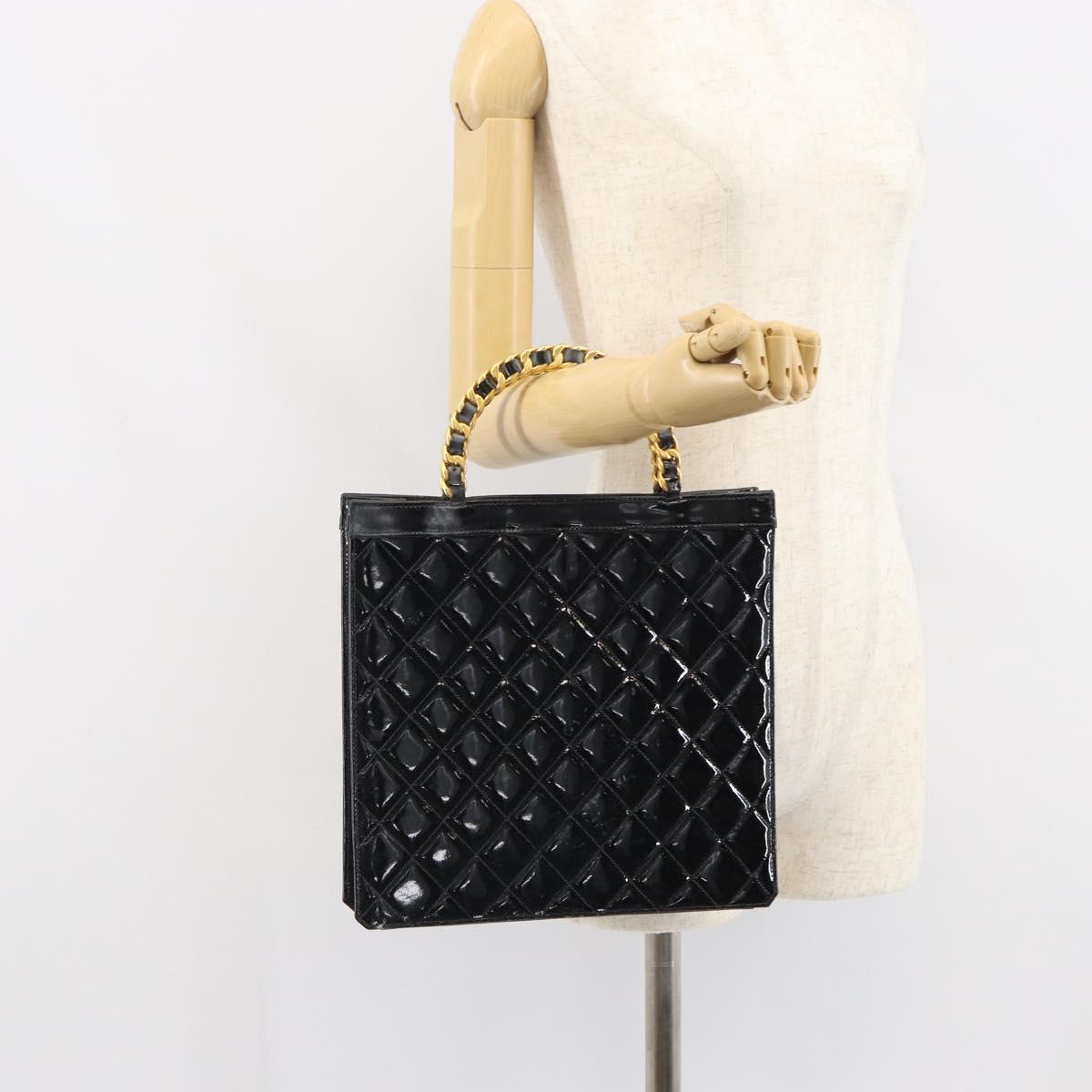 CHANEL Matelasse Hand Bag Patent leather Black Gold CC Auth BA9804