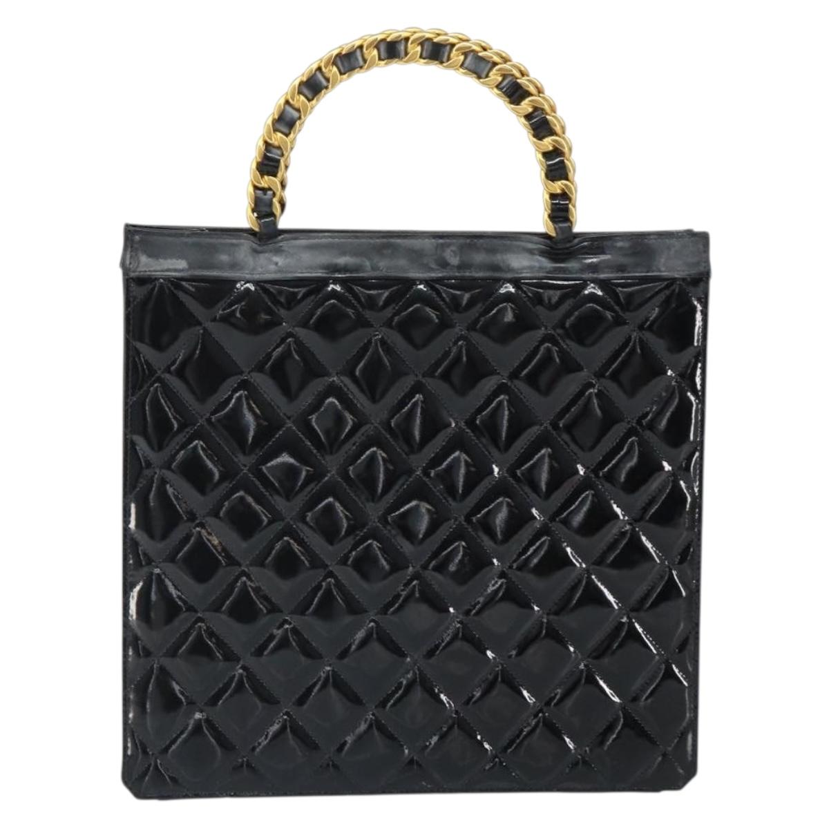 CHANEL Matelasse Hand Bag Patent leather Black Gold CC Auth BA9804