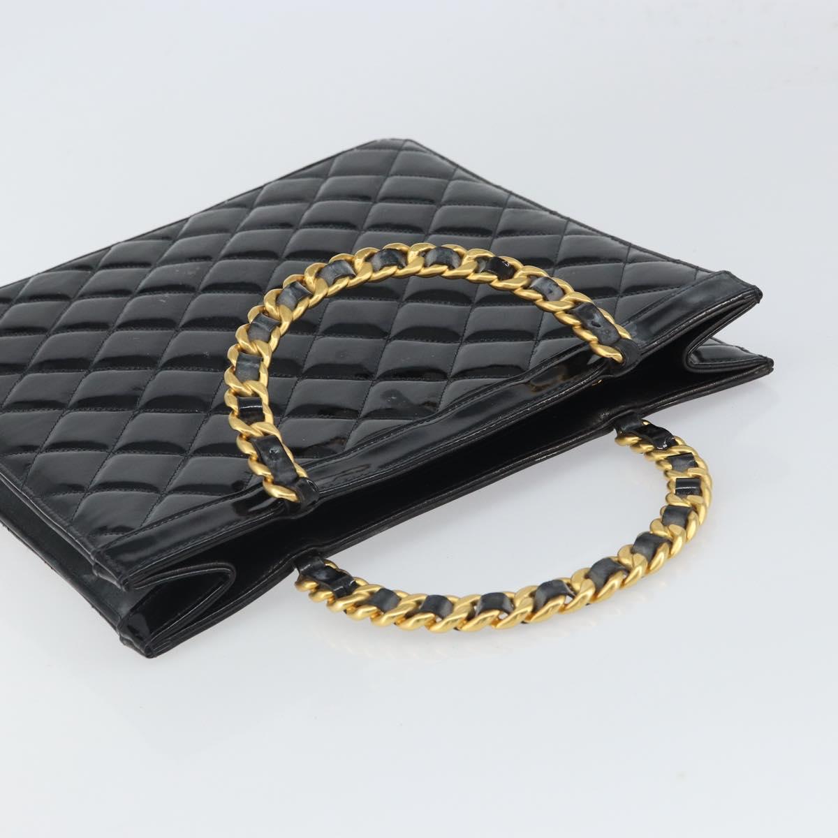 CHANEL Matelasse Hand Bag Patent leather Black Gold CC Auth BA9804