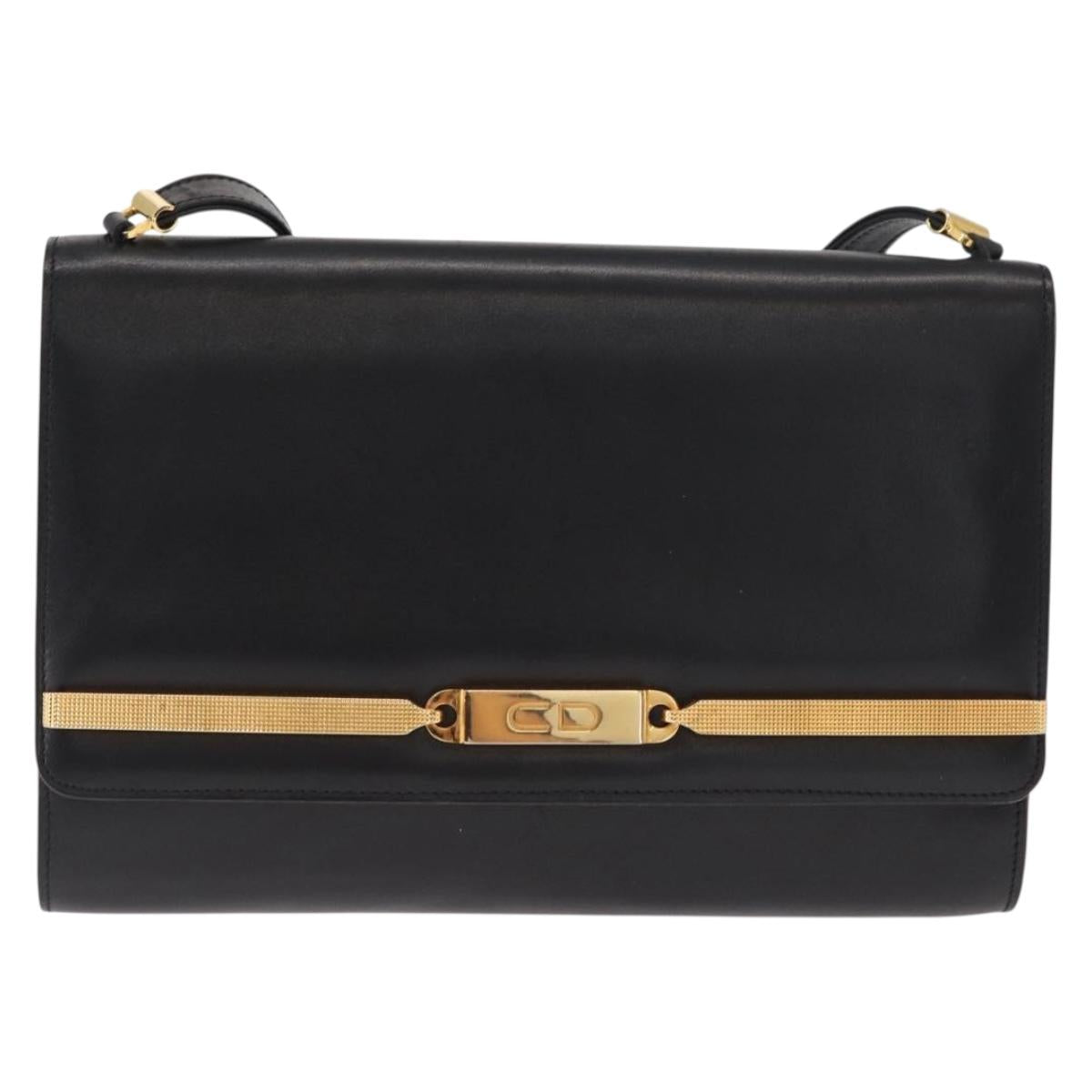 Christian Dior Shoulder Bag Leather Black Gold Auth BA9830