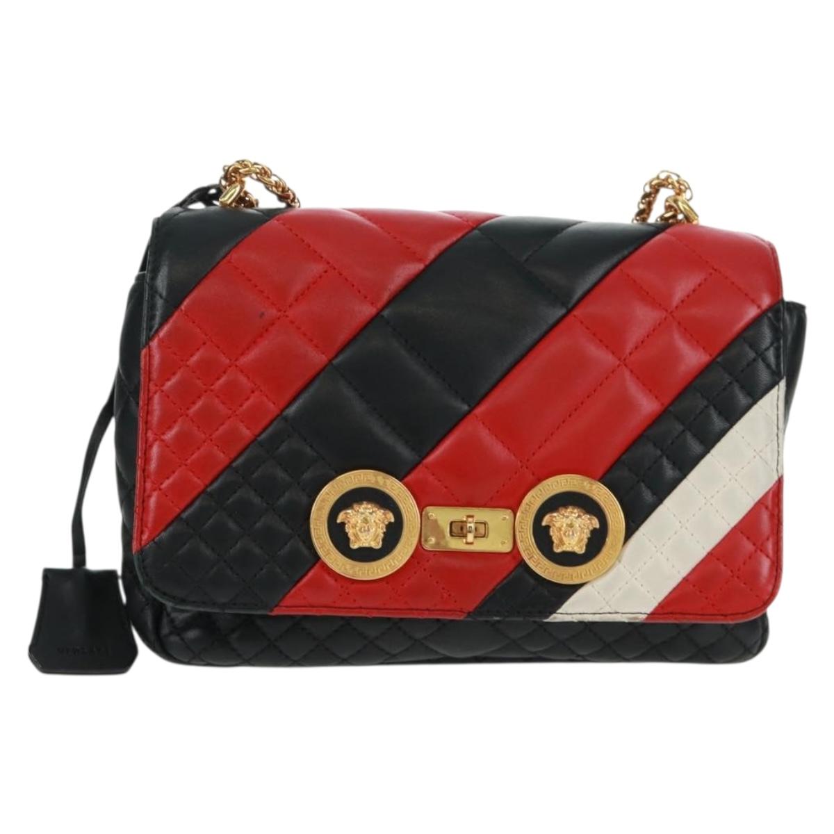 Gianni Versace Chain Shoulder Bag Leather Black Gold Auth BA9863V