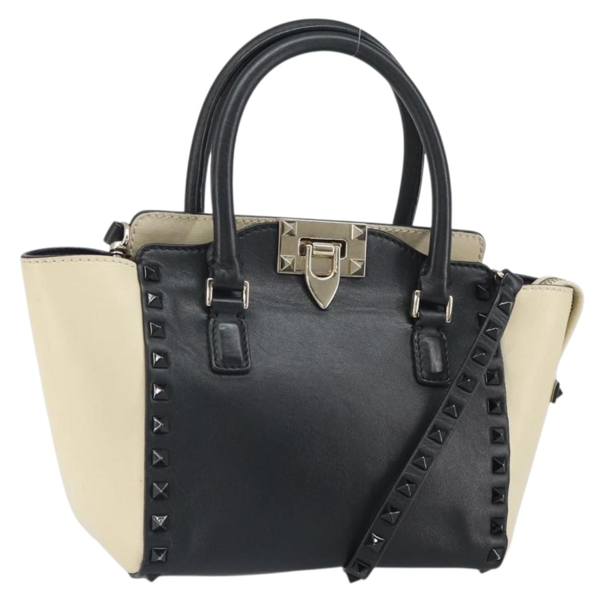 VALENTINO Hand Bag Leather 2way Black Gold Auth BA9864