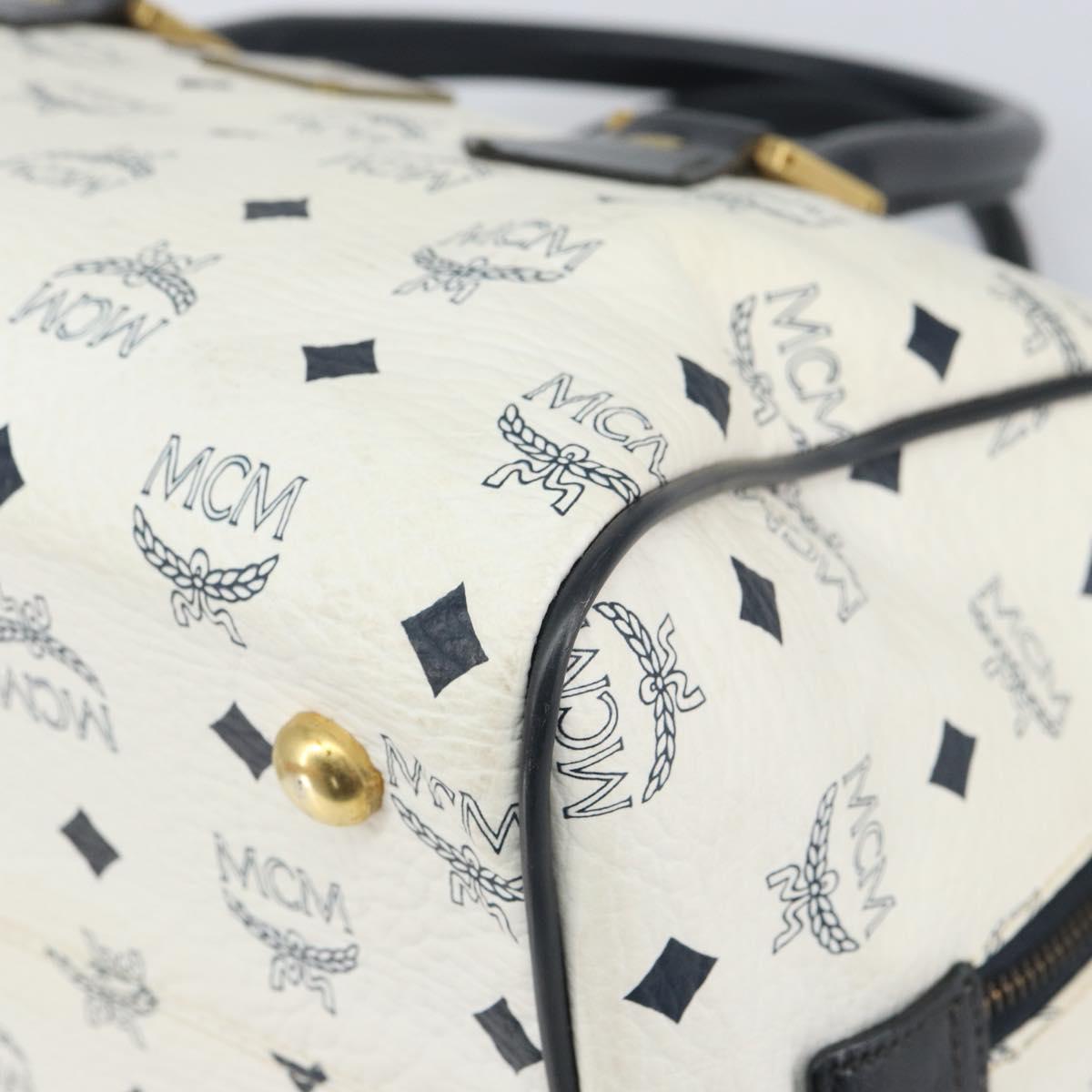 MCM Vicetos Logogram Boston Bag PVC Leather White Gold Auth BA9868