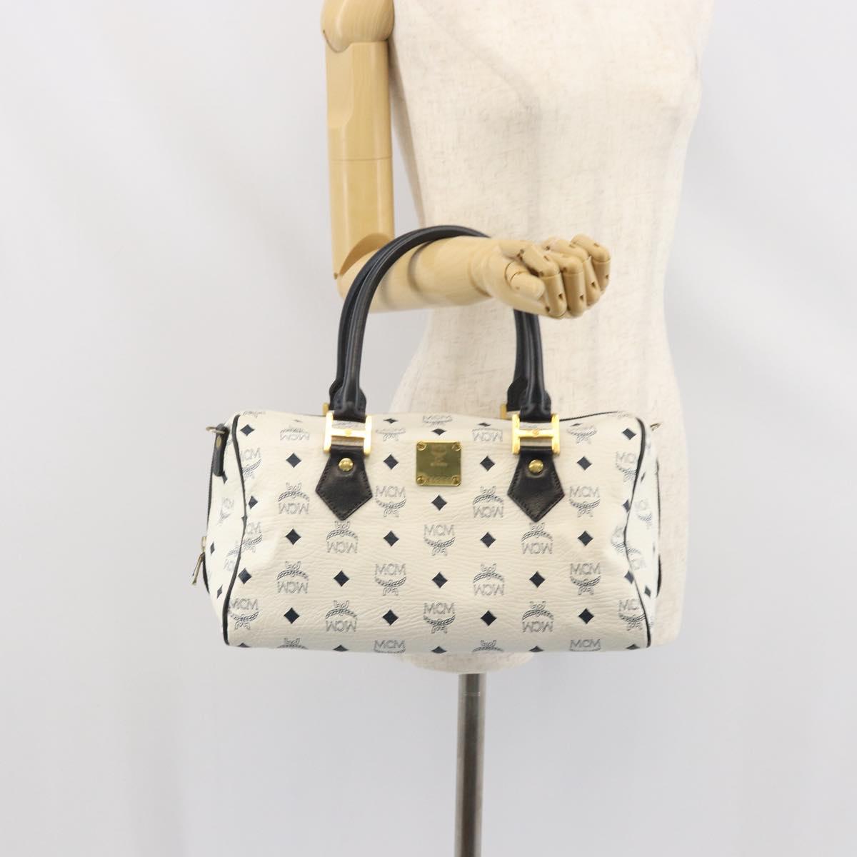 MCM Vicetos Logogram Boston Bag PVC Leather White Gold Auth BA9868