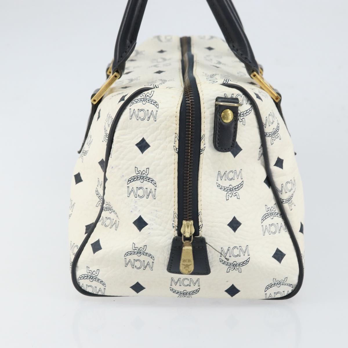 MCM Vicetos Logogram Boston Bag PVC Leather White Gold Auth BA9868