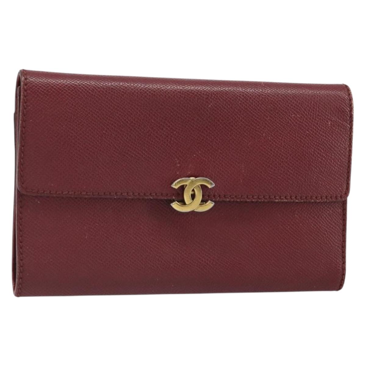 CHANEL Wallet Leather Red Gold CC Auth BA9871