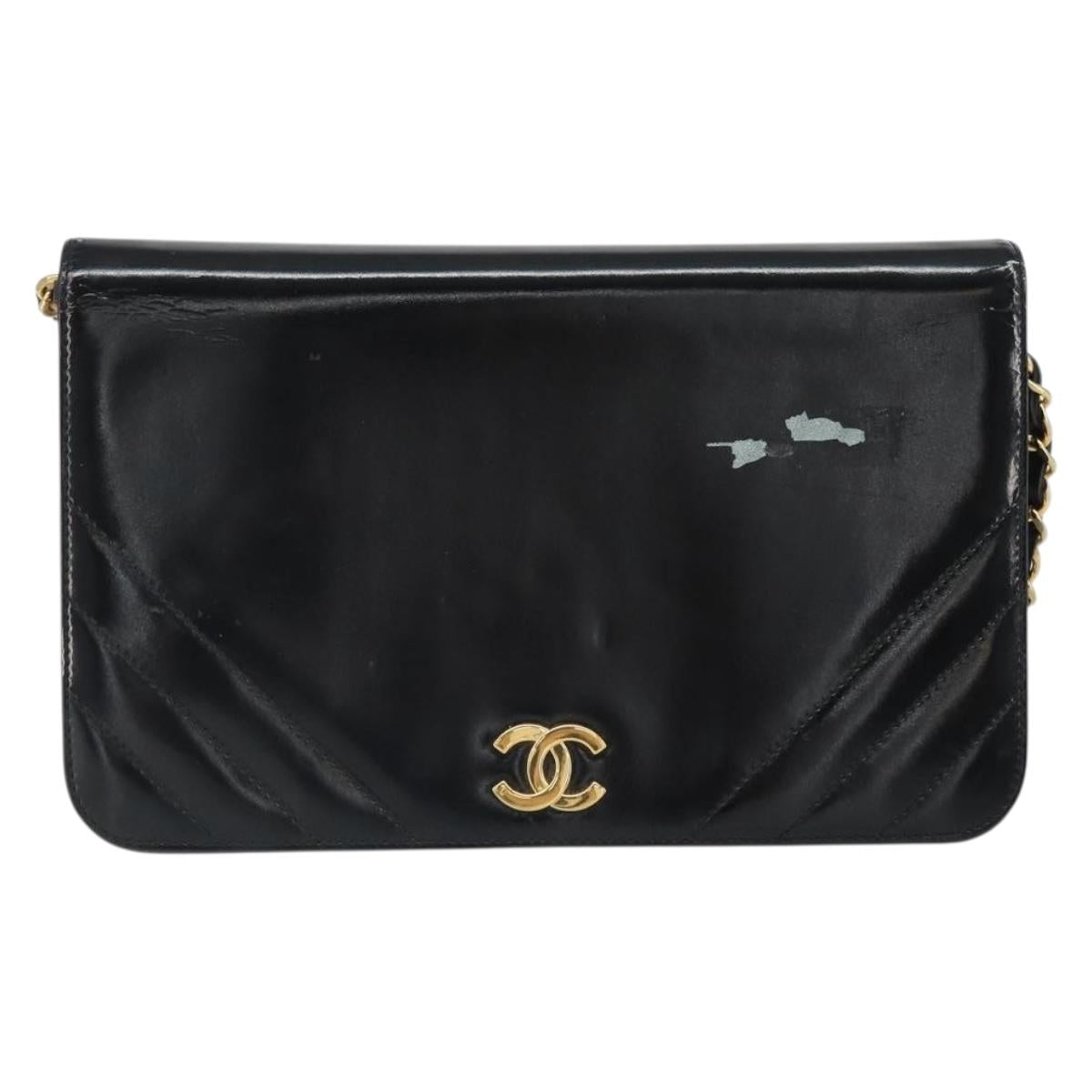 CHANEL Chain Shoulder Bag Patent leather Black Gold CC Auth BA9872