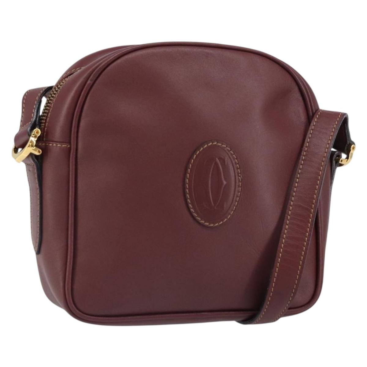 CARTIER Must Line Shoulder Bag Leather Bordeaux Gold Auth BA9882