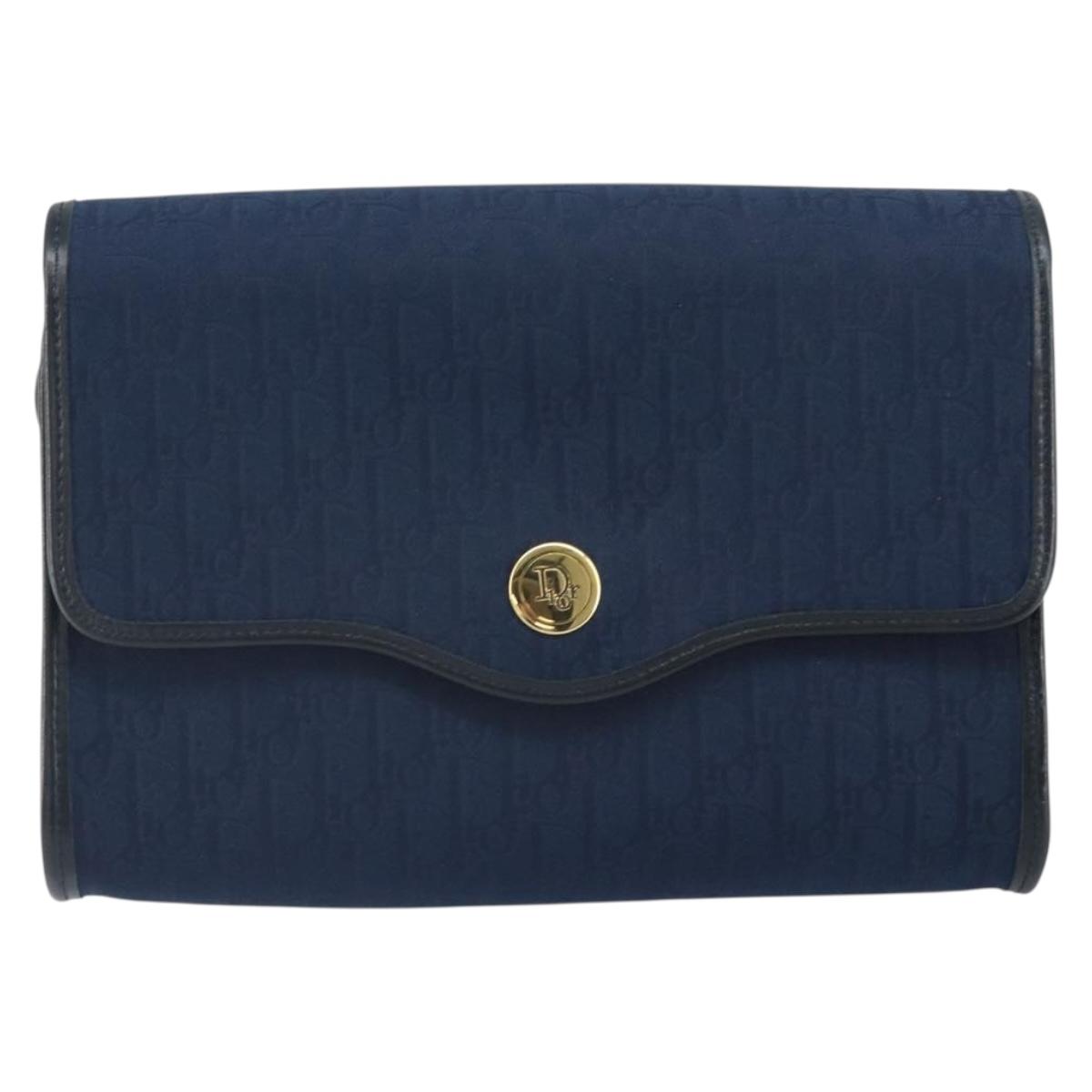 Christian Dior Trotter Canvas Shoulder Bag Navy Gold Auth BA9896V