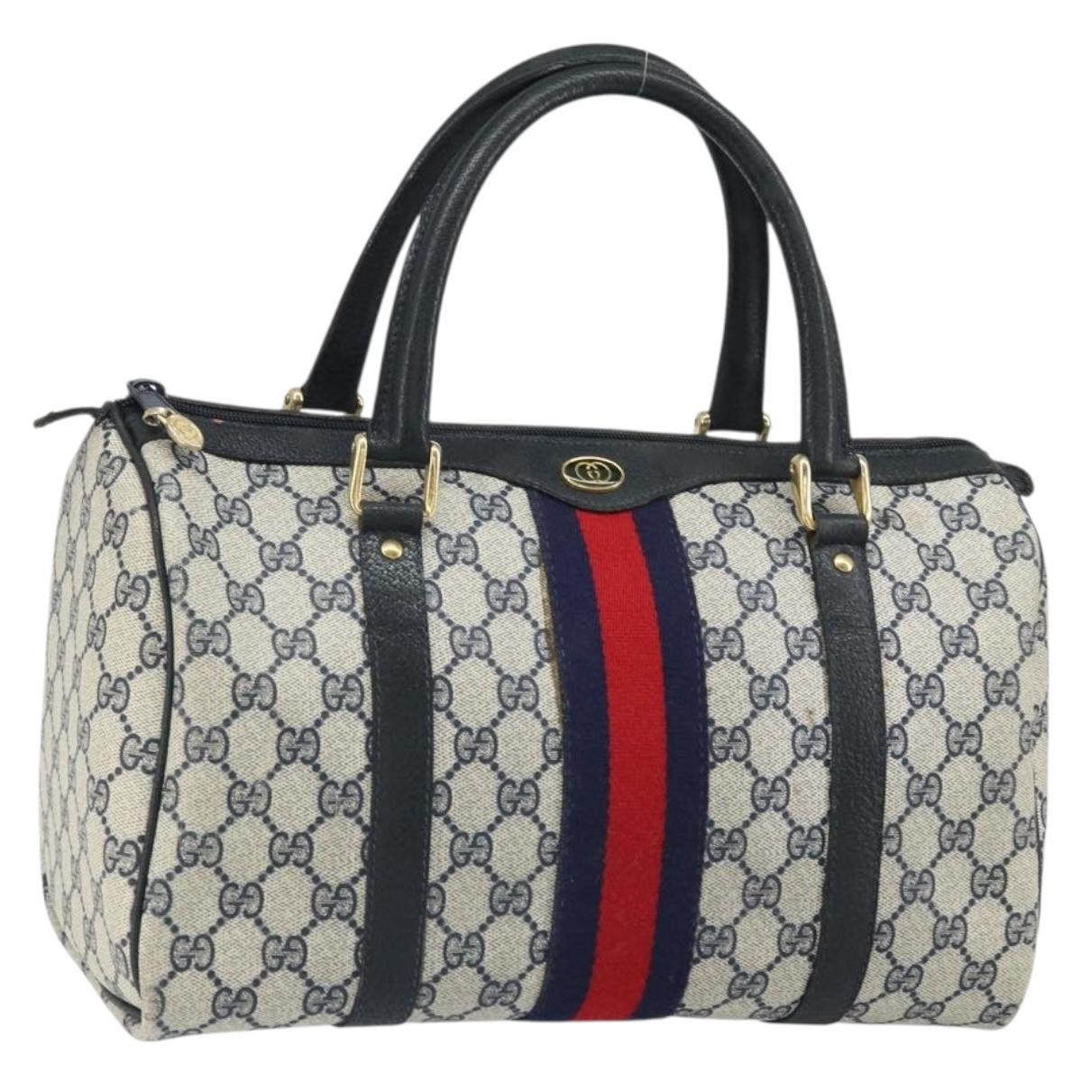 GUCCI GG Supreme Sherry Line Boston Bag PVC Navy Gold 33 013 4133 Auth BA9898