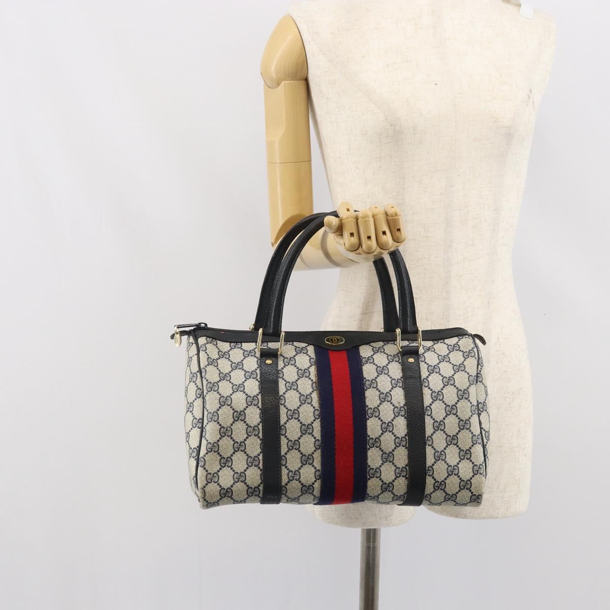 GUCCI GG Supreme Sherry Line Boston Bag PVC Navy Gold 33 013 4133 Auth BA9898