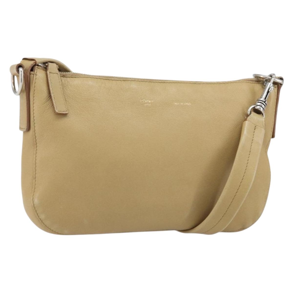 CELINE Shoulder Bag Leather Beige Auth BA9900